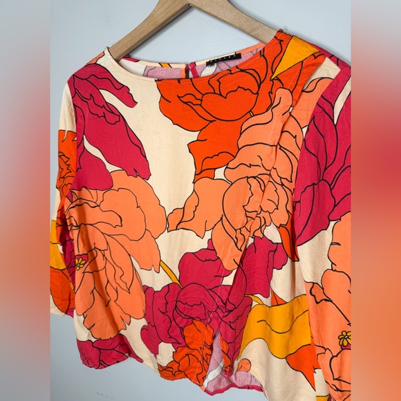 Sisley Italy Women’s Tropical Floral Viscose Orange Pink Split Hem Blouse Sz S - Picture 4 of 10